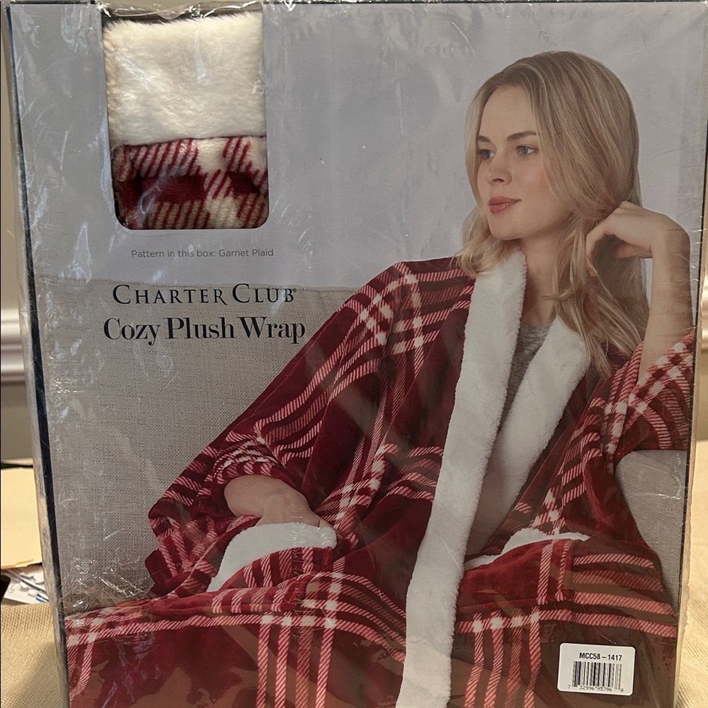 Charter Club Garnet Plaid Cozy Plush Wrap with White Faux Fur Trim
